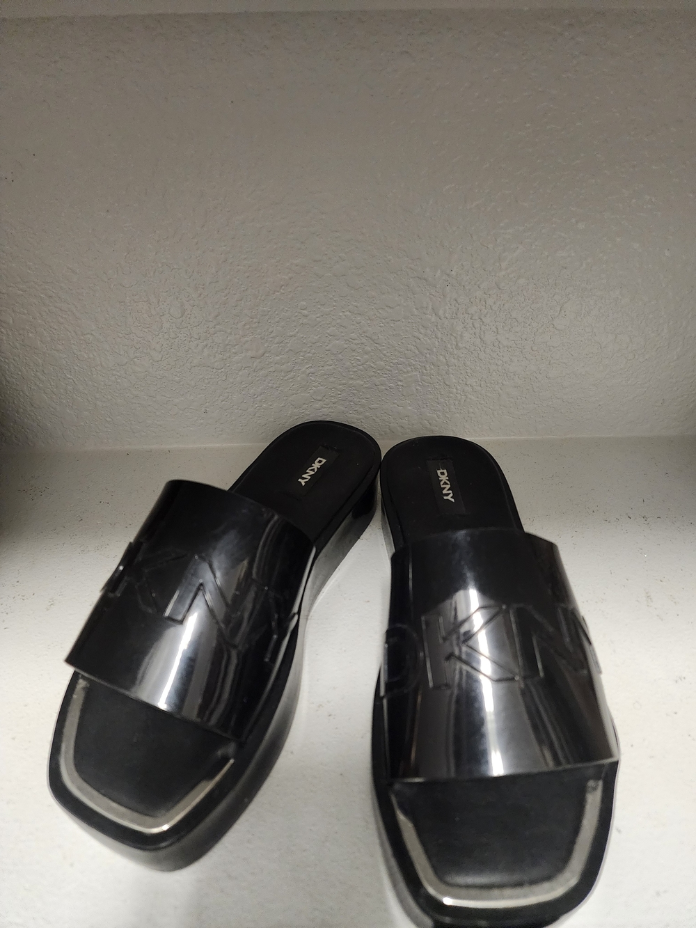 DKNY Glossy Black Patent Logo Slide Sandals